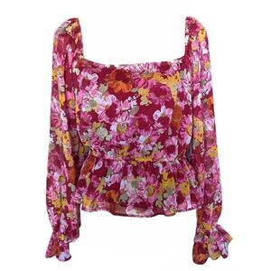 Wayf, Burgundy Floral Cropped Peplum Long Puff Sleeve Blouse - Size L, Red Multi